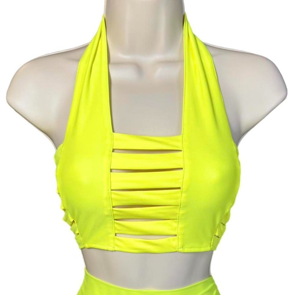 RARE discontinued J Valentine Neon Yellow cage cropped halter tie top